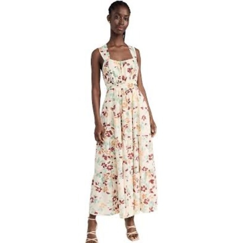 Moon‎ River Floral Maxi Dress Small Square Neck Tiered Tie Back Cream Multi